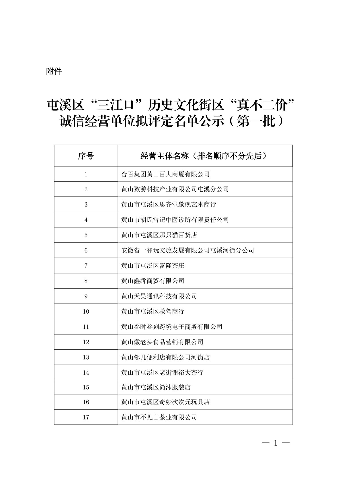 關(guān)于屯溪區(qū)“三江口”歷史文化街區(qū)商貿(mào)服務(wù)業(yè)第一批“真不二價”誠信經(jīng)營單位擬評定名單的公示